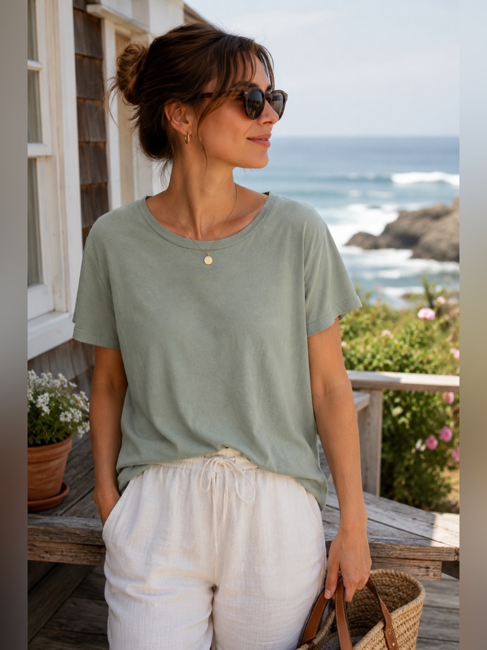 NWT Calme by Johnny Was Sage Green Oversized Cotton Tee Size Large